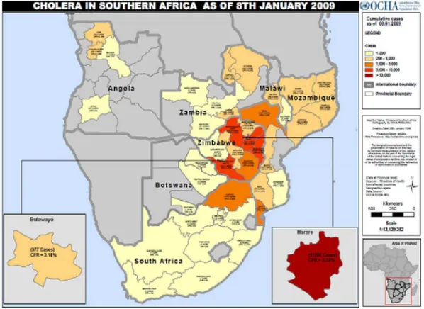 Fig.  1-  Mapa  da  distribuição  de  casos  de  cólera  nos  países  do  Sul  da  África  (Fonte:  OCHA) doenças de veiculação hídrica; (iii) Elaboração de