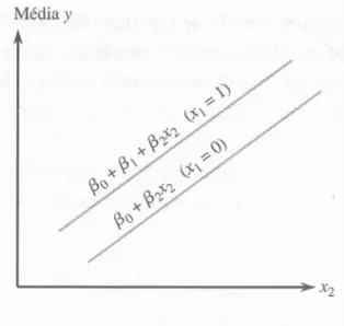 Figura 10 - Gráfico da função de regressão para o modelo, sem interação, com  uma variável dummy ( ) e uma variável quantitativa 