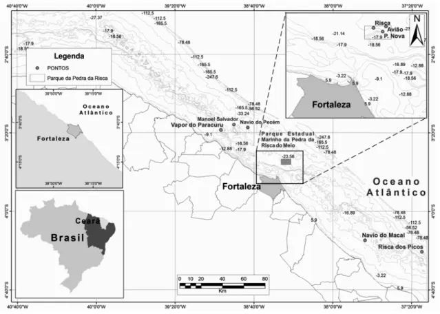 Figura 1 - Área de estudo (Região Nordeste, Costa do Ceará e o Parque Estadual  Marinho da Pedra da Risca do Meio) incluindo cotas batimétricas