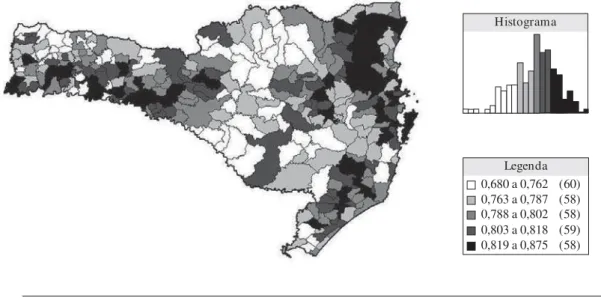 Figura 1.  Índice de Desenvolvimento Humano Municipal para o Estado de Santa Catarina, 2000.