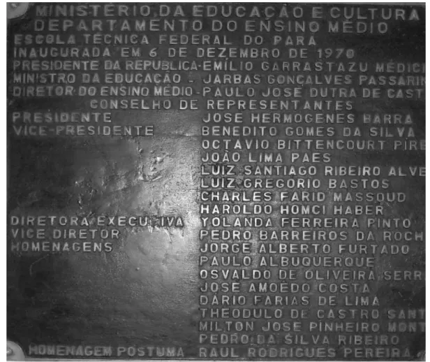 Figura 4: Fotografia da Placa de inauguração da Escola Técnica Federal do Pará em  exibição na antiga sede, hoje, Campus Belém