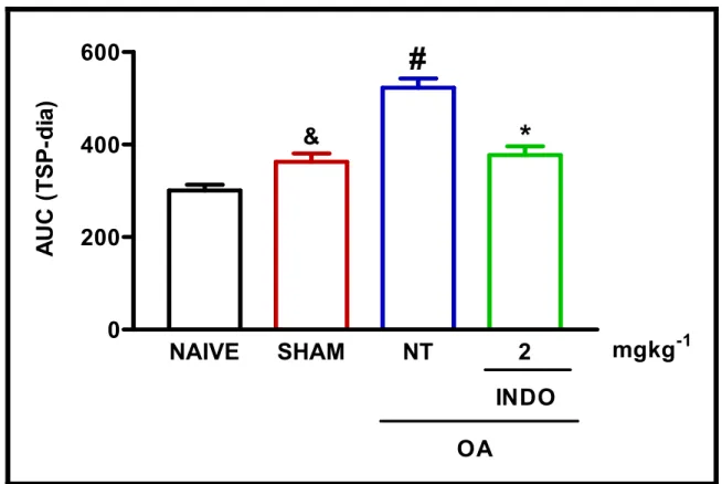 Figura 3: Efeito da administração profilática sistêmica de indometacina sobre a incapacitação  articular em ratos submetidos à Transecção do Ligamento Cruzado Anterior (LCA)