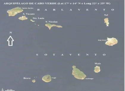 Figura  1  -  Localização  do  Arquipélago  de  Cabo  Verde  na  costa  ocidental  africana  entre  os  paralelos 14 e 17 norte e meridianos 22 e 25 oeste