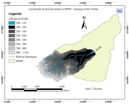 Figura  3  -  Mapa  de  localização  e  altimetria  da  bacia  hidrográfica  da  Barragem  de  Poilão  situada  na  Ribeira  Seca  em  Cabo  Verde