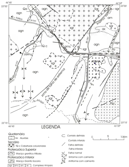 Figura 1 -  M apa esquem ático das suites geológicas da Folha  Atibaia (M odificado do M apa G eológico da Q uadrícula Atibaia,  1985  - 