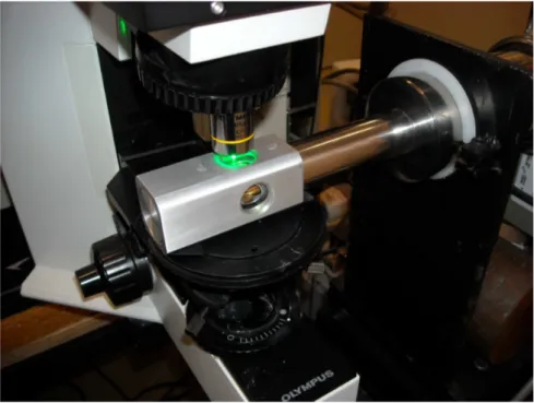 Figura 7: Feixe de laser focalizado sobre a amostra no interior do criostato.