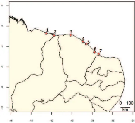 Figura 2.1. Mapa do nordeste brasileiro com os pontos marcando os locais de  coletas  dos  lagartos