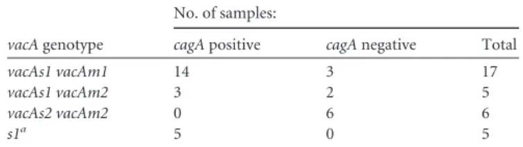 TABLE 1 Distribution of vacA genotypes according to the cagA status of the H. pylori strains in this study