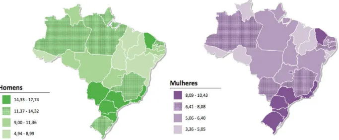Figura 2. Taxas brutas de incidência de câncer gástrico por 100.000 homens (a) ou mulheres (b) estimadas para o  ano 2014 no Brasil