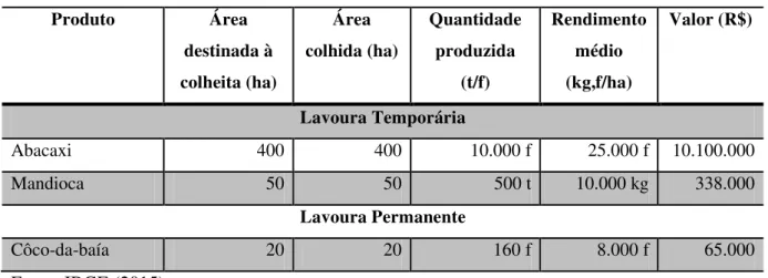 Tabela 05  –  Produção agrícola do município de Salvaterra/PA  Produto  Área  destinada à  colheita (ha)  Área  colhida (ha)  Quantidade produzida (t/f)  Rendimento médio (kg,f/ha)  Valor (R$)  Lavoura Temporária  Abacaxi  400  400  10.000 f  25.000 f  10.