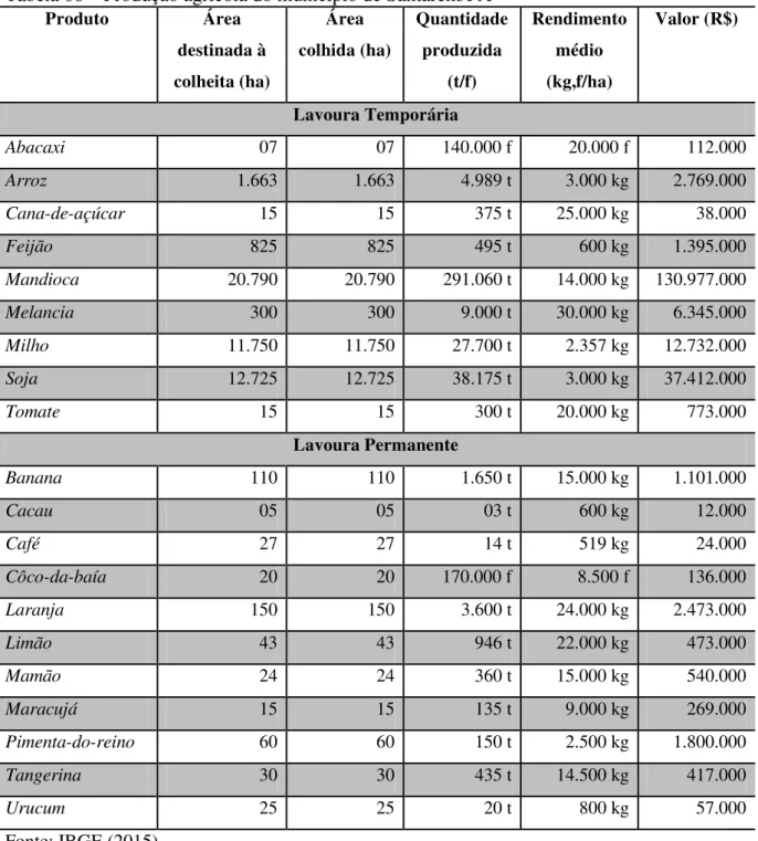 Tabela 06  –  Produção agrícola do município de Santarém/PA  Produto  Área  destinada à  colheita (ha)  Área  colhida (ha)  Quantidade produzida (t/f)  Rendimento médio (kg,f/ha)  Valor (R$)  Lavoura Temporária  Abacaxi  07  07  140.000 f  20.000 f  112.00