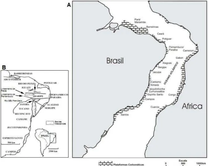 Figura  1-  A:  Distribuição  de  plataformas  carbonáticas  cretáceas  no  Atlântico  Sul  (Rangel,  2002)