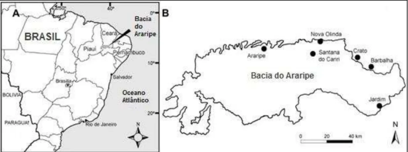 Figura 2  –  A: Localização da Bacia do Araripe, Nordeste do Brasil. B: Mapa da Bacia do Araripe com a  localização das principais cidades do ponto de vista desta pesquisa