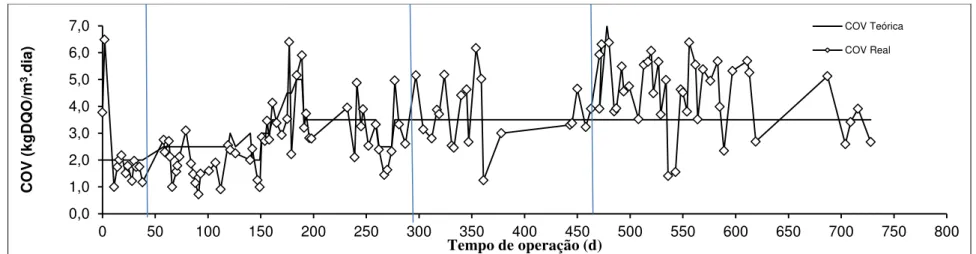 Gráfico 3- Variação da carga orgânica volumétrica (COV) ao longo dos dias de operação do sistema de lodos ativados para produção de bioflocos e tratamento de  efluentes de carcinicultura 
