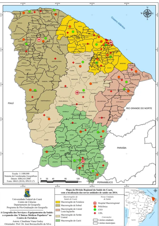 Figura 2  –  Mapa da Divisão Regional da Saúde do Ceará, com a localização das novas unidades de saúde  em 2014