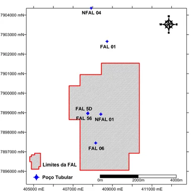 Figura 23 - Localização dos poços tubulares no interior e nas proximidades da  Fazenda Alegre (FAL)