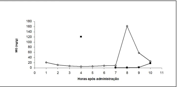 Figura 06- Valores para a dosagem por RIA de metabólitos de glicocorticoides (MG; ng/g) empregando-se  um  anticorpo  contra  corticosterona  (ng/g)  em  amostras  fecais  de  papagaio-verdadeiro  (Amazona  aestiva) 