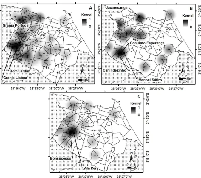 Fig 2. Spatial analysis and visualization through thematic maps after kernel density estimation (KDE) using a fixed radius of 2 km on all patients (A), to the 19 patients of cluster 12 (B) and the 23 patients of cluster 14 (C)