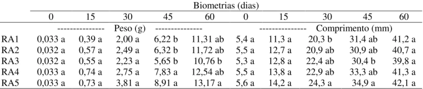 Tabela  3  –  Peso  e  comprimento  médio  de  girinos  de  rã-touro  alimentados  com  rações  comerciais  com  diferentes teores de proteína bruta (PB) durante 60 dias 