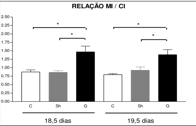GRÁFICO  5  –  Gráfico  comparando  as  medidas  da  relação  MI/CI  dos  fetos  controle,  sham e gastrosquise em ratas operadas com 18,5 e 19,5 dias de gestação