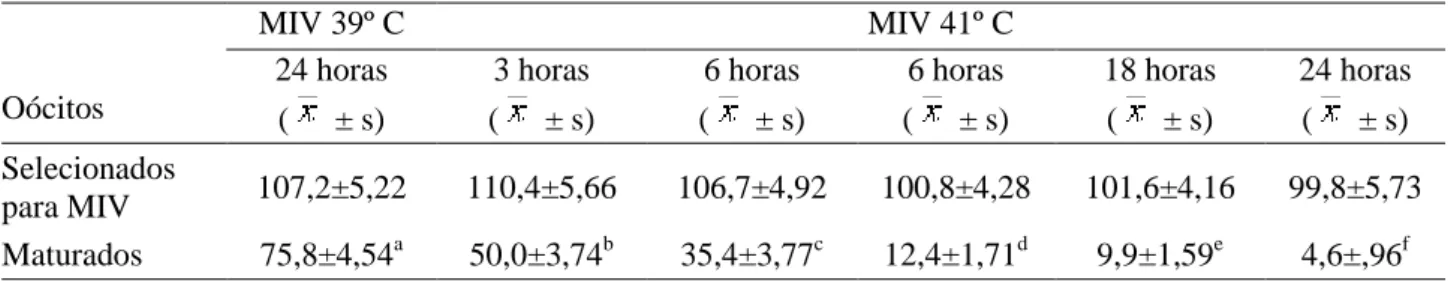 Tabela 1: Valores médios (  ± s) de oócitos ovinos selecionados e colocados para maturação in vitro (MIV)  a 39º C por 24 horas e a 41º C por 3, 6, 12, 18 e 24 horas de estresse térmico e selecionados para fecundação  in vitro (FIV)   MIV 39º C  MIV 41º C 