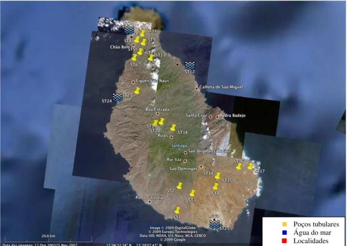 Figura 3.2. Localização dos pontos de água coletados na ilha de Santiago para a análise isotópica   (PINA, 2007)