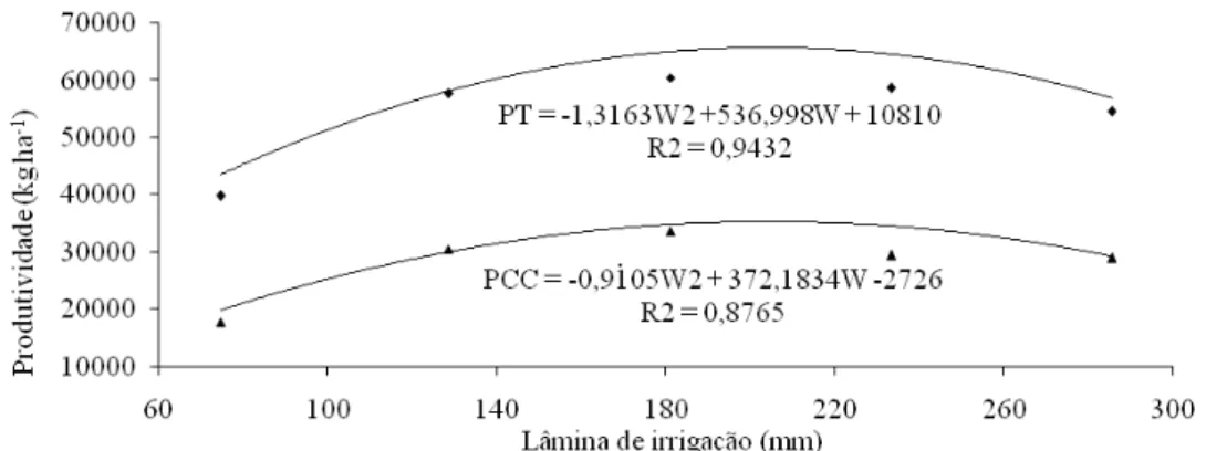 Figura 1 – Valores médios observados e estimados da produtividade total (PT) e da cabeça comercial (PCC) de alface em função das lâminas de irrigação, UFLA, Lavras, MG, 2008.