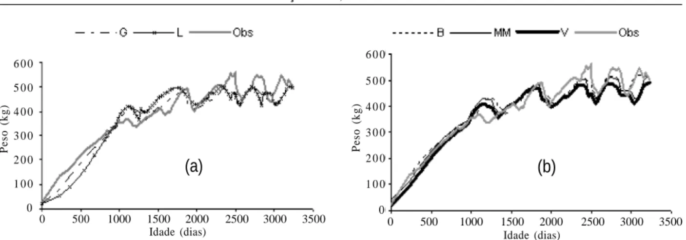 Figura 1 – Funções de Gompertz (G), Logística (L) e dos Pesos Observados (Obs) – (a) e Brody (B), Michaelis-Menten reparametrizada (MM), Von Bertalanffy (V) e dos Pesos Observados (Obs) - (b) de fêmeas do grupamento genético G (F1 Nelore-Guzerá)