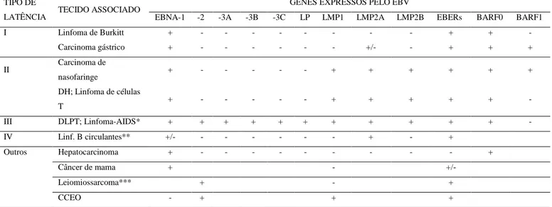 Tabela  05:  Expressão  de  genes  latentes  do  EBV  quanto  aos  tipos  de  latência  e  tecido  associado