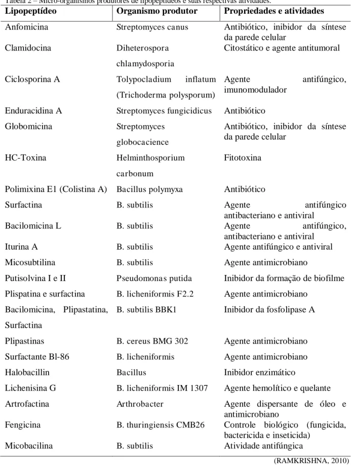 Tabela 2  –  Micro-organismos produtores de lipopeptídeos e suas respectivas atividades.