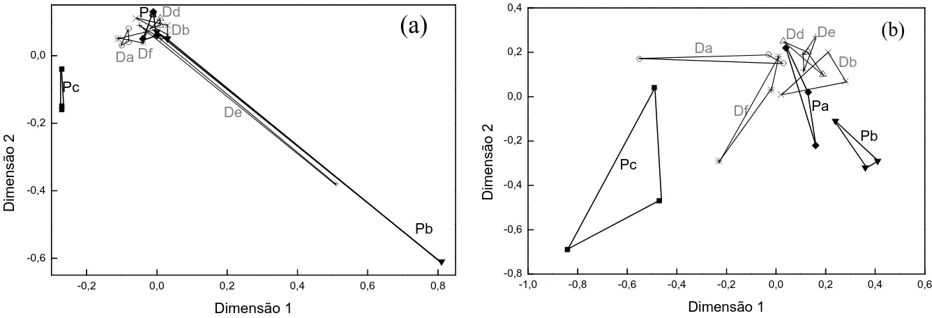 Figura 3 – Configuração das amostras para os provadores 7(a) e 11(b) P = pudins com açúcar