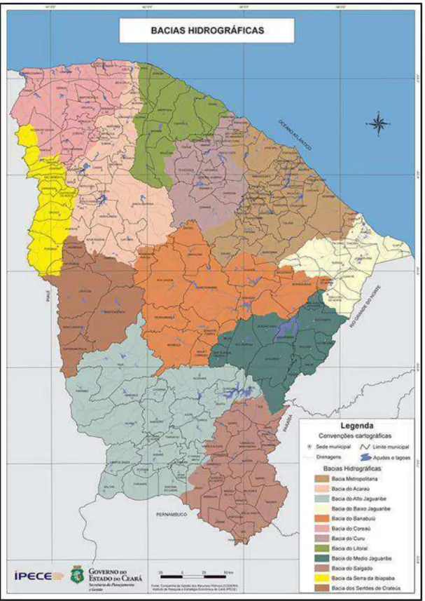 Figura 12: Delimitação das bacias do Estado do Ceará. Observar ao centro, a bacia  hidrográfica do rio Banabuiú