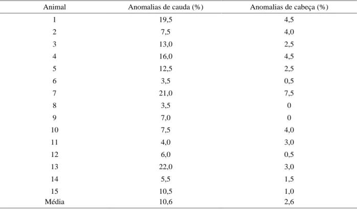 Tabela 3 – Porcentagem das anomalias morfológicas de cauda (ACD) e cabeça (ACB) em espermatozóides de ovinos