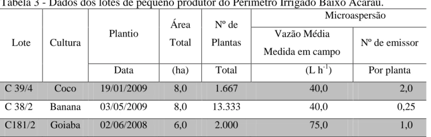 Tabela 3 - Dados dos lotes de pequeno produtor do Perímetro Irrigado Baixo Acaraú. 