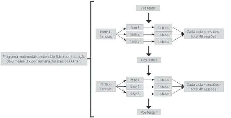 Figura 1. Esquematização do programa multimodal de exercício físico e dos momentos de avaliação