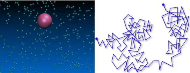 Figure 2.1: Illustration of brownian motion. Small particles collide with big particles inducing an random trajectory.