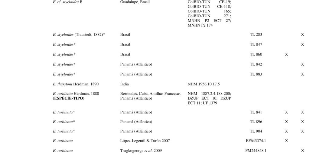 Tabela 1. Lista de espécies utilizadas durante o estudo, tanto para análises morfológicas quanto moleculares