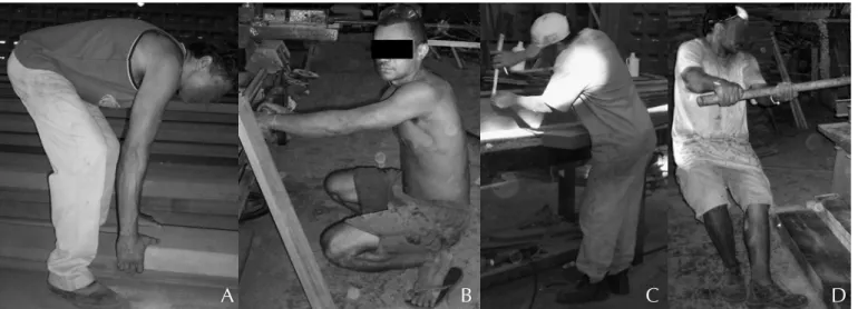 Figura 1    Posturas avaliadas pelo método REBA. A = Flexão anterior do tronco com semiflexão dos joelhos e carregamento de carga; B = Agachamento profundo; C = Flexão ântero-lateral do tronco; D = Uso do corpo estendido como apoio