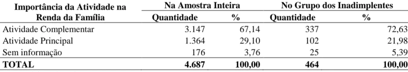 TABELA 16  –  Distribuição dos financiamentos por importância da atividade na geração  de renda da família 