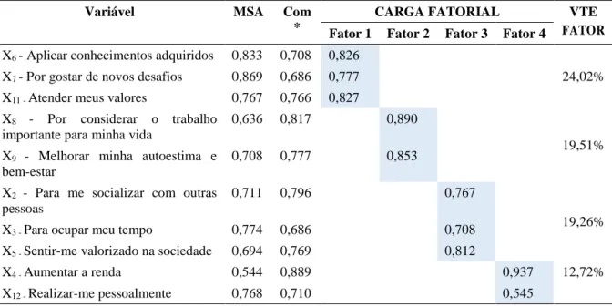 Tabela 9  –  Resultado final da análise fatorial 