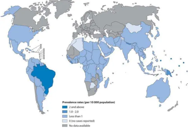 Figura 1 - Hanseníase: prevalência em 2009 ( World Health Organization – WHO, 2010a)