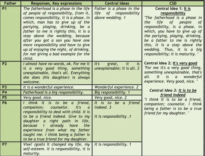 Figure  1.  Distribution  of  fathers  with  regard  to  the  responses  and  key  expressions,  central  ideas  and  CSD,  which  emerged from the following question: In your opinion, what is to be a father? Source: Research data, extracted from  the inte