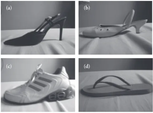 Figura 2 - Tipos de calçados utilizados - (a) salto alto tipo Chanel, (b) salto  baixo tipo Chanel, (c) tênis, (d) chinelo modelo Havaianas ®