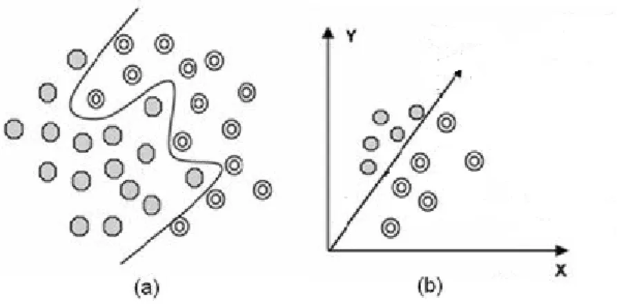 Figura 1- Separação de dados: a) separação não-linear, b) separação linear 