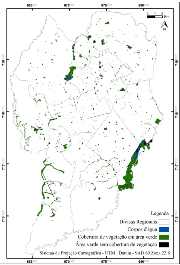 Figura 2. Distribuição e cobertura de vegetação das áreas verdes de Curitiba, PR. Figure 2