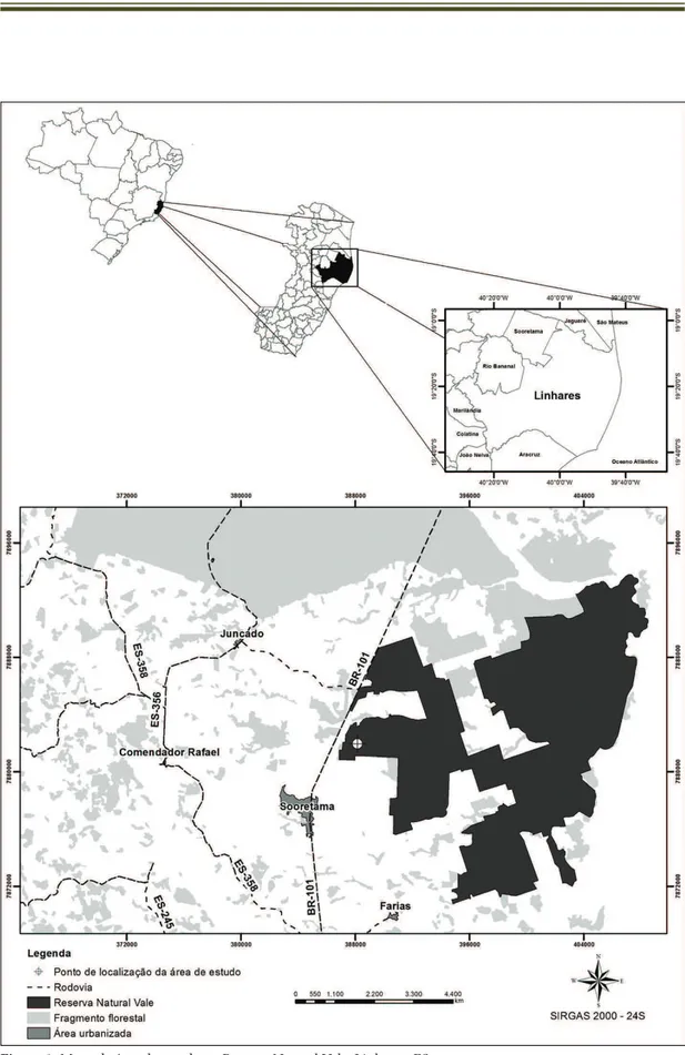 Figura 1. Mapa da área de estudo na Reserva Natural Vale, Linhares, ES. Figure 1. Map of the study area in the Reserva Natural Vale, Linhares, ES.