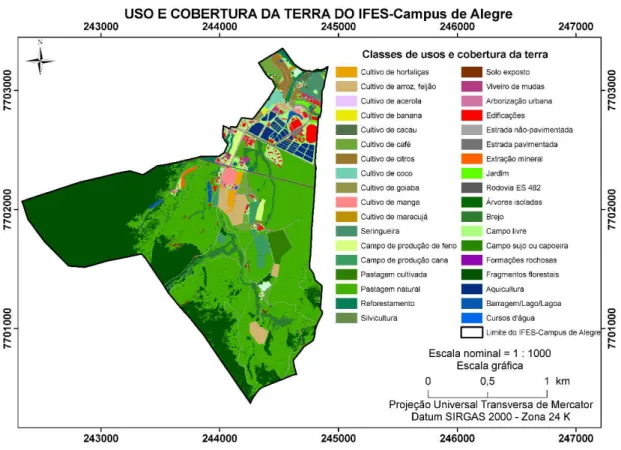 Figura 2. Mapa do uso e cobertura da terra do Ifes – Campus de Alegre. Figure 2. Map of the use and land cover of the Ifes - Alegre University Campus.