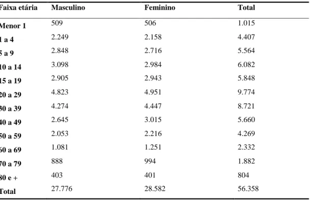 Tabela 3  –  População, por faixa etária e sexo, residente em Limoeiro, em 2007 
