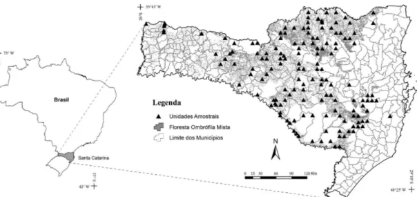 Figura 1.  Localização das 143 unidades amostrais (UA) na floresta ombrófila mista em Santa Catarina.