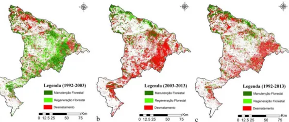 Figura 5. Mapas da dinâmica da cobertura florestal para os períodos de 1992 a 2003(a), 2003 a 2013(b) e 1992 a 